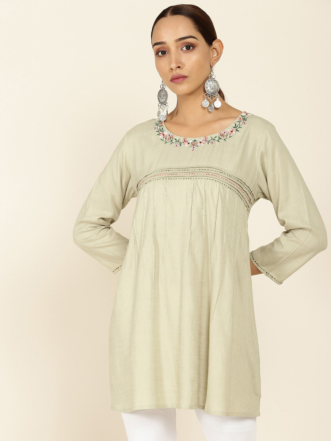 

Soch Green & White Viscose Rayon Embroidered Tunic