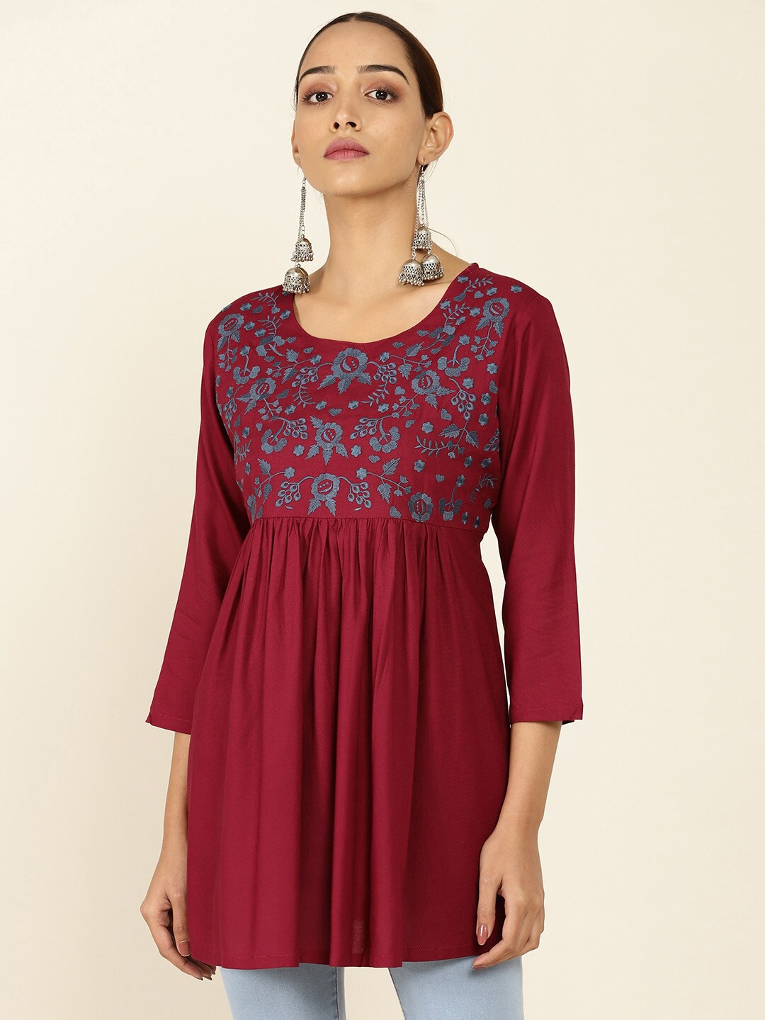 

Soch Burgundy & Grey Viscose Rayon Embroidered Tunic