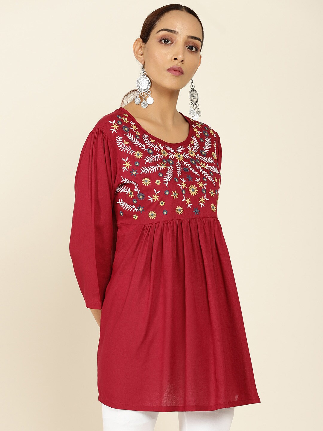 

Soch Maroon & White Viscose Rayon Embroidered Tunic