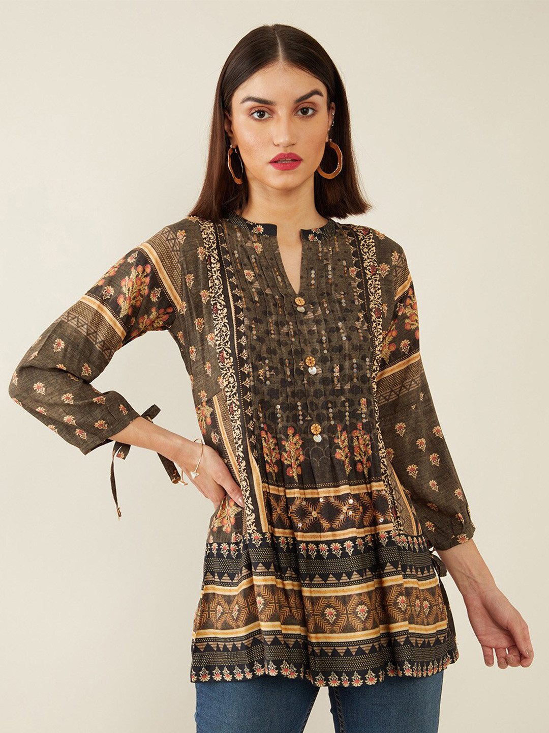

Soch Beige & Green Viscose Rayon Mandarin Collar Printed Tunic