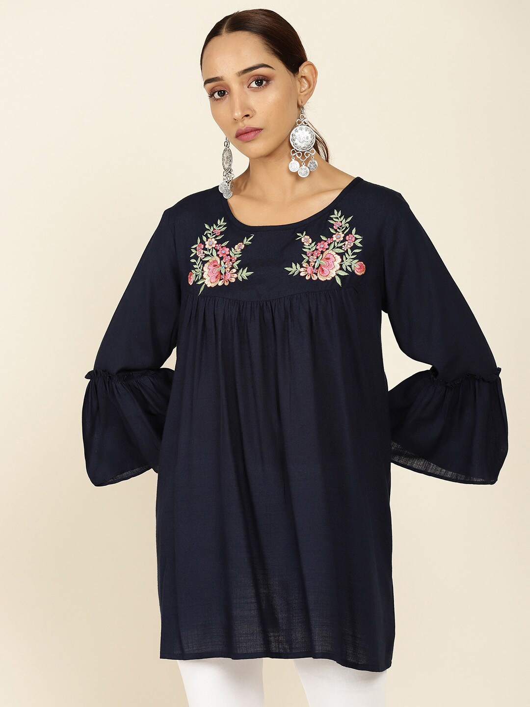 

Soch Navy Blue & Pink Viscose Rayon Embroidered Tunic