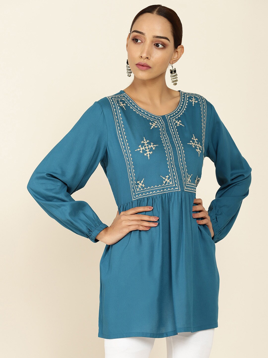 

Soch Turquoise Blue & Beige Viscose Rayon Embroidered Tunic