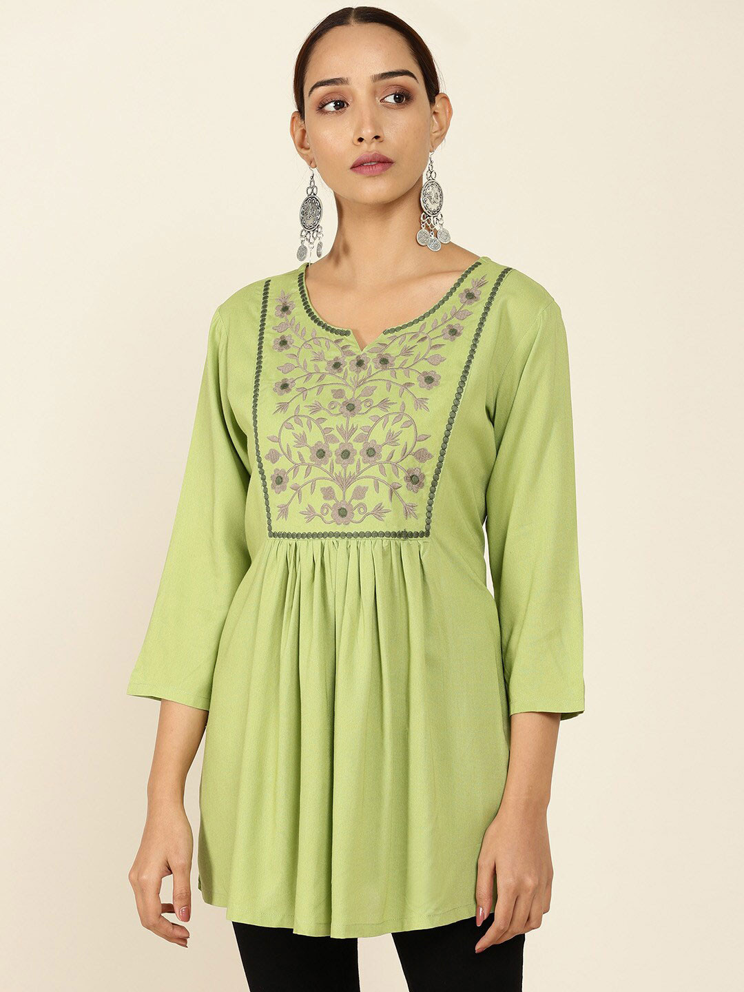 

Soch Green & Grey Viscose Rayon Embroidered Tunic
