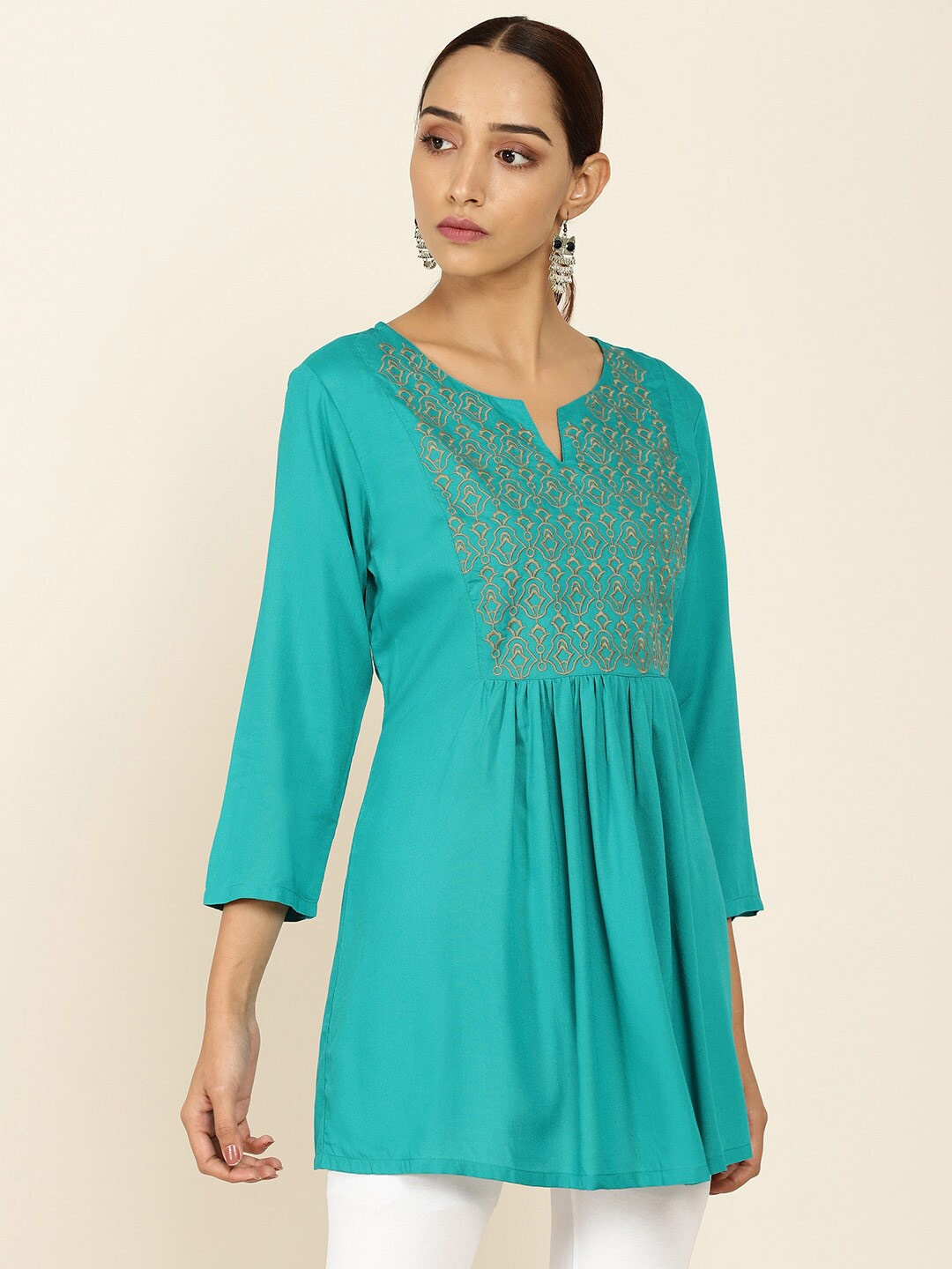 

Soch Teal Blue & Tan Viscose Rayon Embroidered Tunic