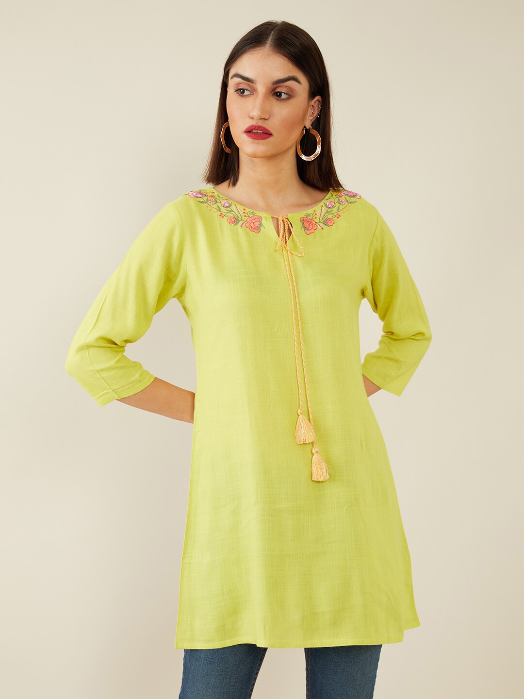 

Soch Yellow & Green Viscose Rayon Embroidered Tunic