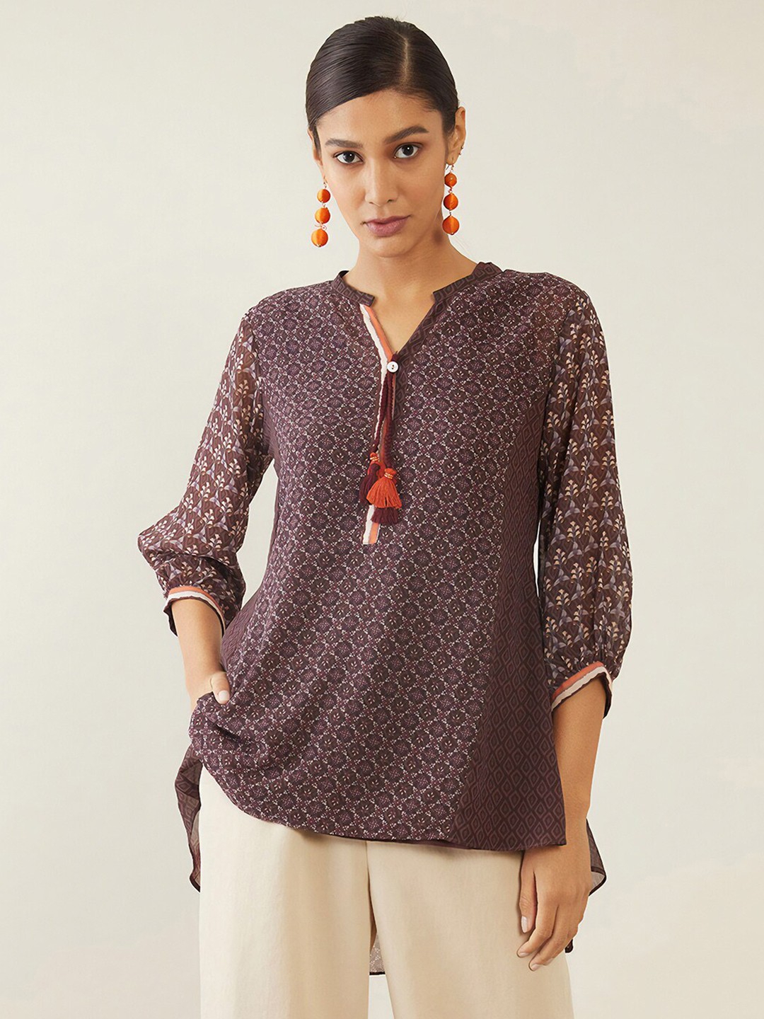 

Soch Brown & White Mandarin Collar Printed Tunic