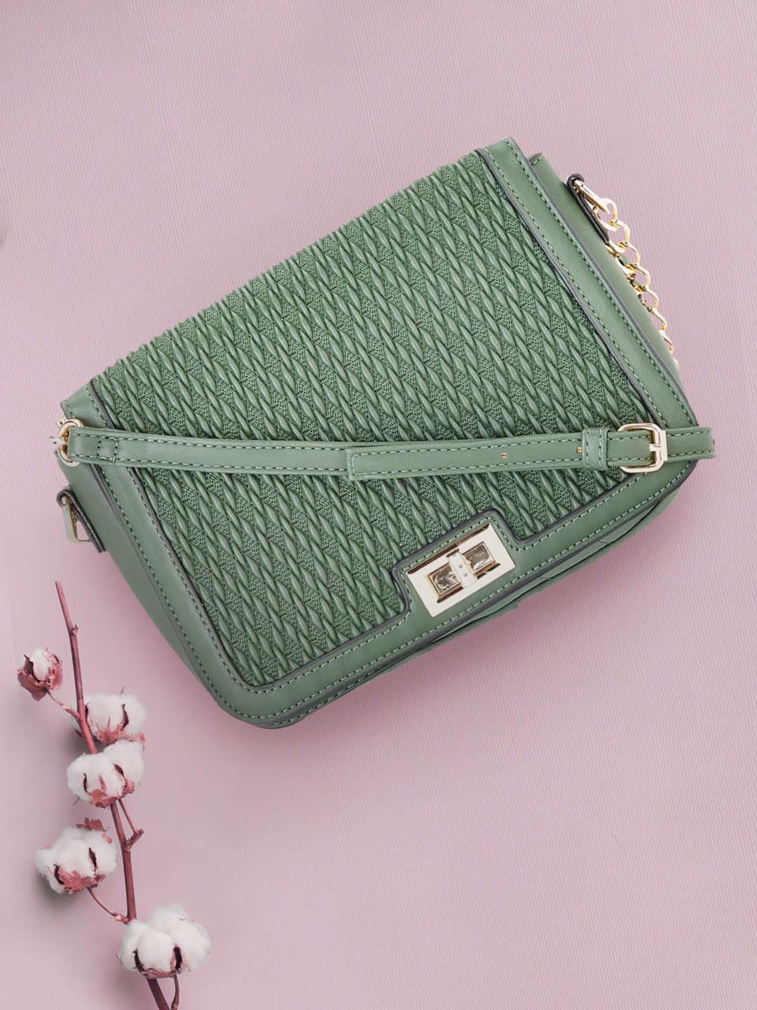 

Forever Glam by Pantaloons Green Textured Structured Sling Bag