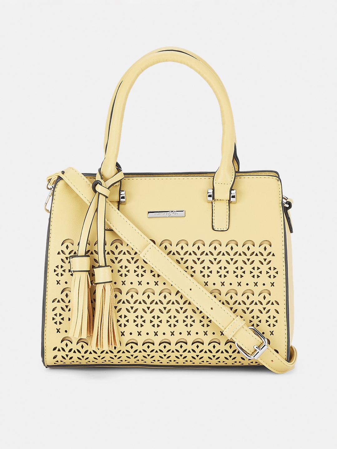 

Forever Glam by Pantaloons Yellow Structured Handheld Bag with Cut Work