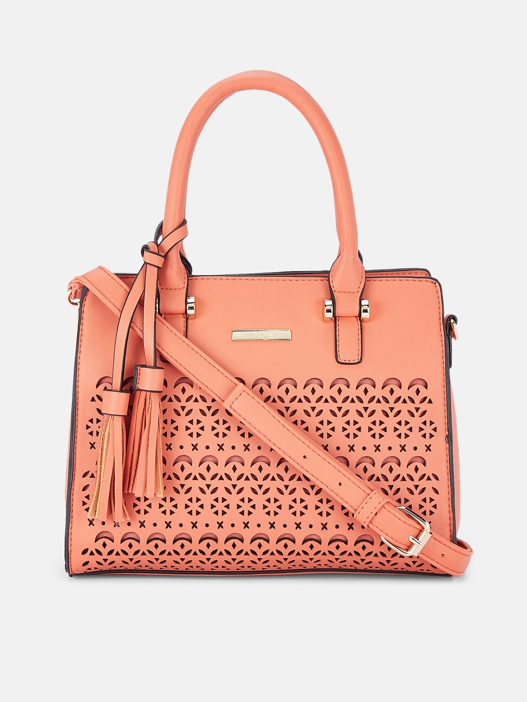 

Forever Glam by Pantaloons Peach-Coloured Swagger Handheld Bag with Cut Work