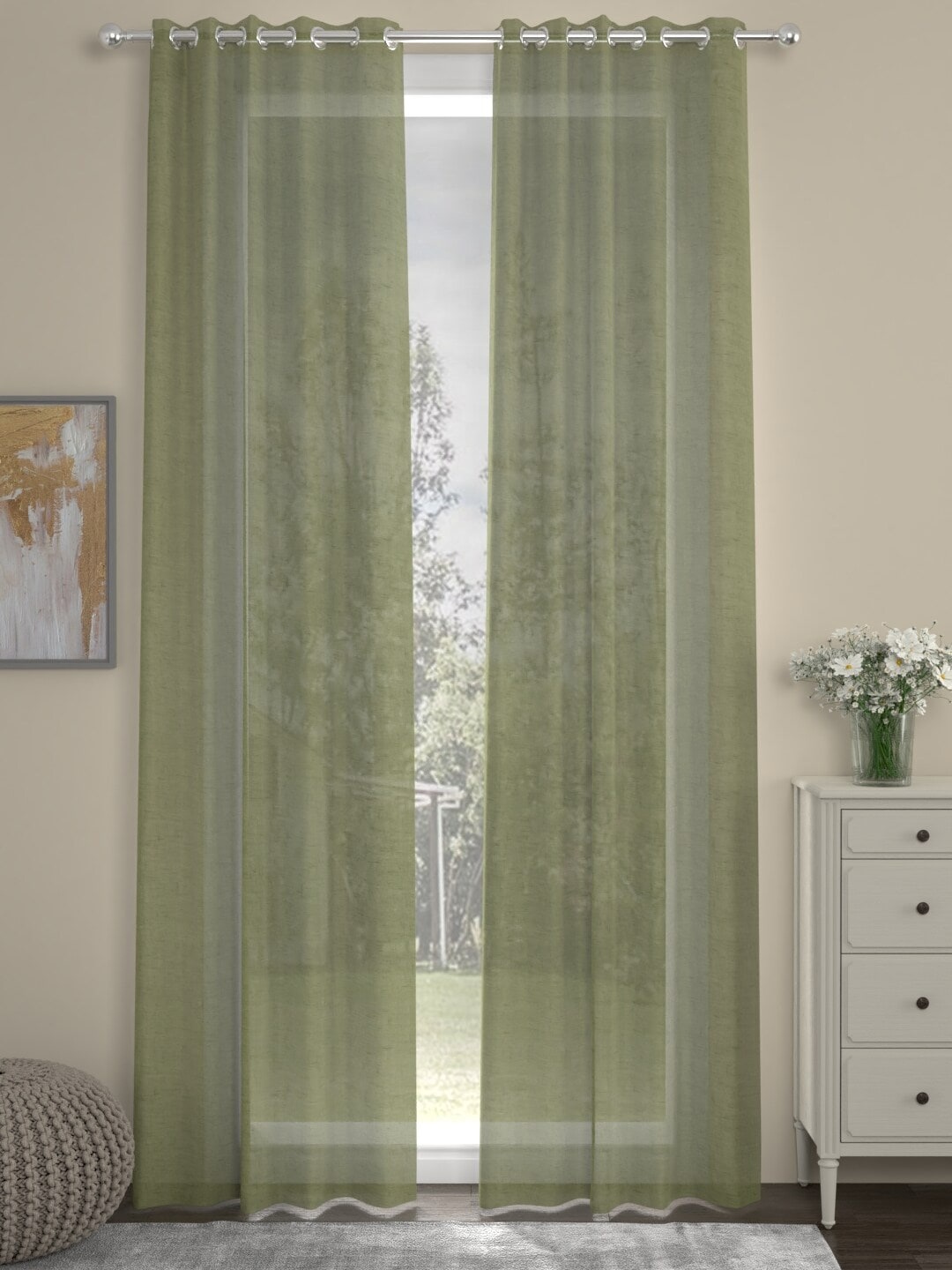 

ROSARA HOME Olive Green Set of 2 Sheer Long Door Curtain