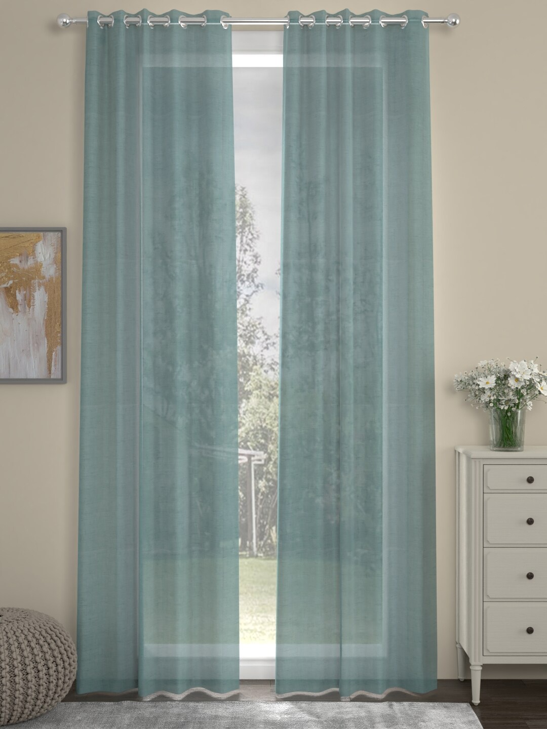 

ROSARA HOME Blue Set of 2 Sheer Long Door Curtain