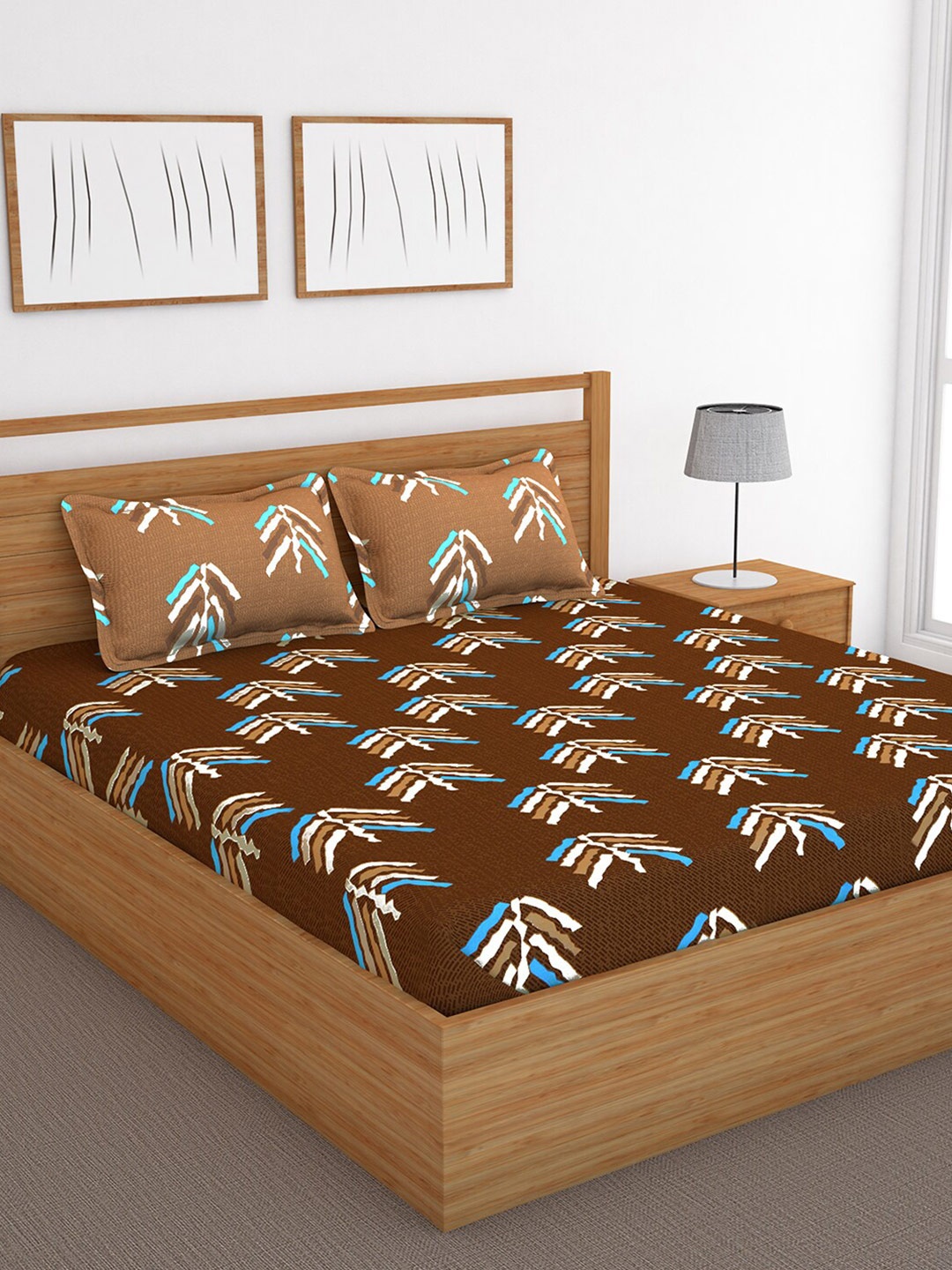 

Bedspun Brown & Blue Geometric 120 TC Cotton King Bedsheet with 2 Pillow Covers