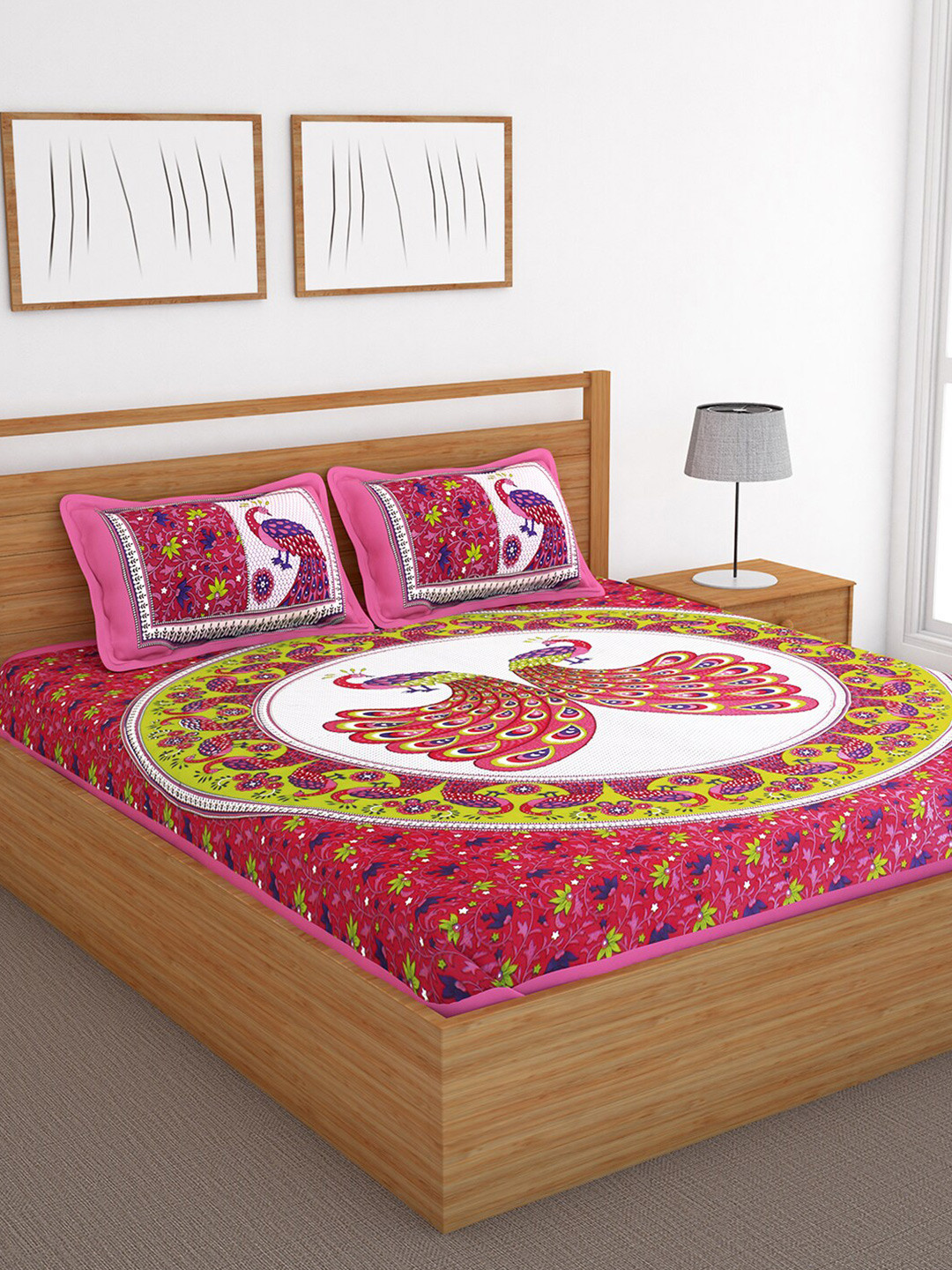

Bedspun Pink & Green Ethnic Motifs 120 TC Queen Bedsheet with 2 Pillow Covers