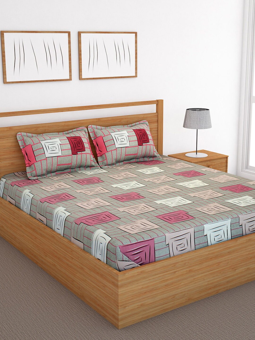 

Bedspun Beige & Pink Geometric 120 TC Queen Bedsheet with 2 Pillow Covers