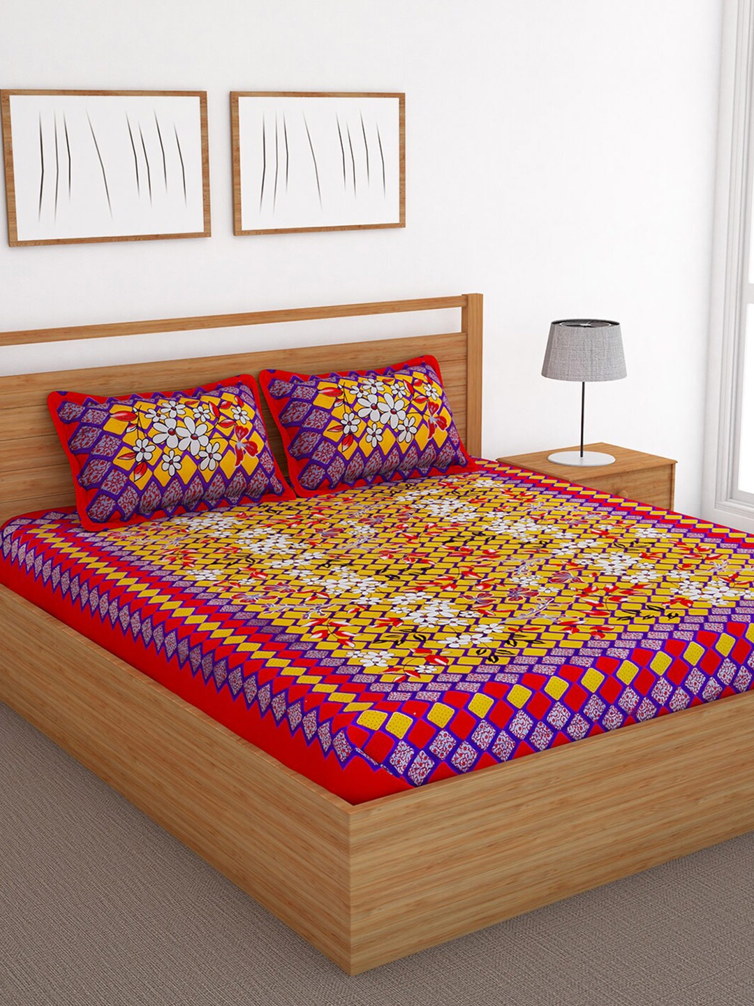 

Bedspun Yellow & Red 120 TC Queen Bedsheet with 2 Pillow Covers