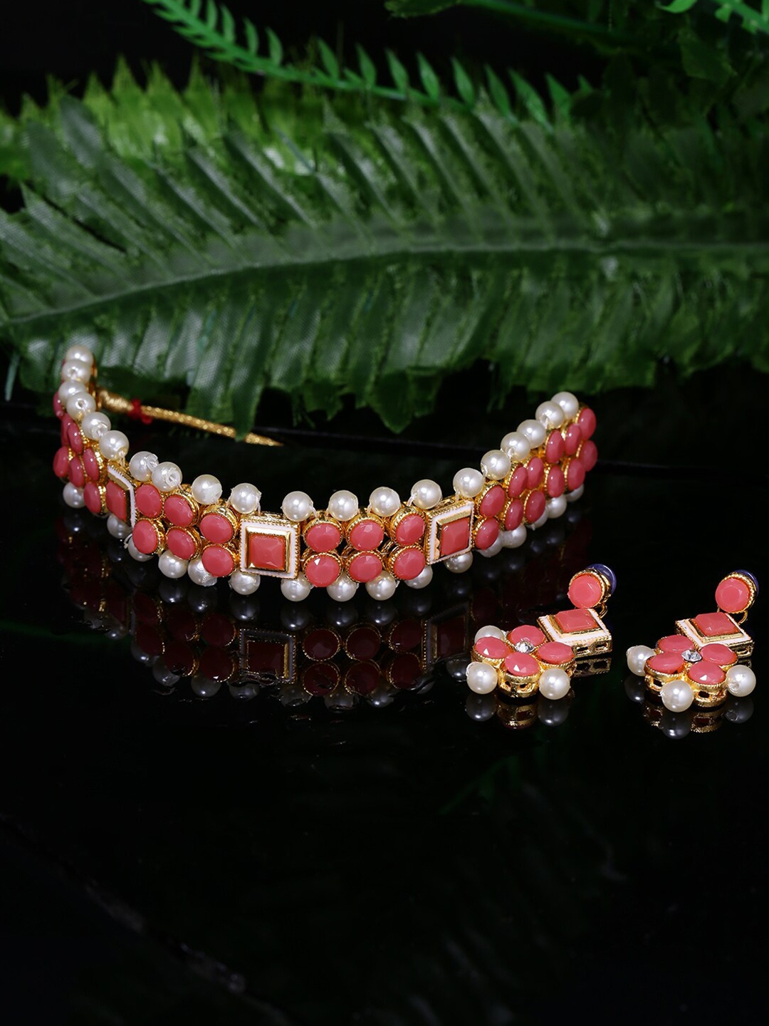 

LIVE EVIL Gold-Plated Peach-Coloured Beaded Jewellery Set