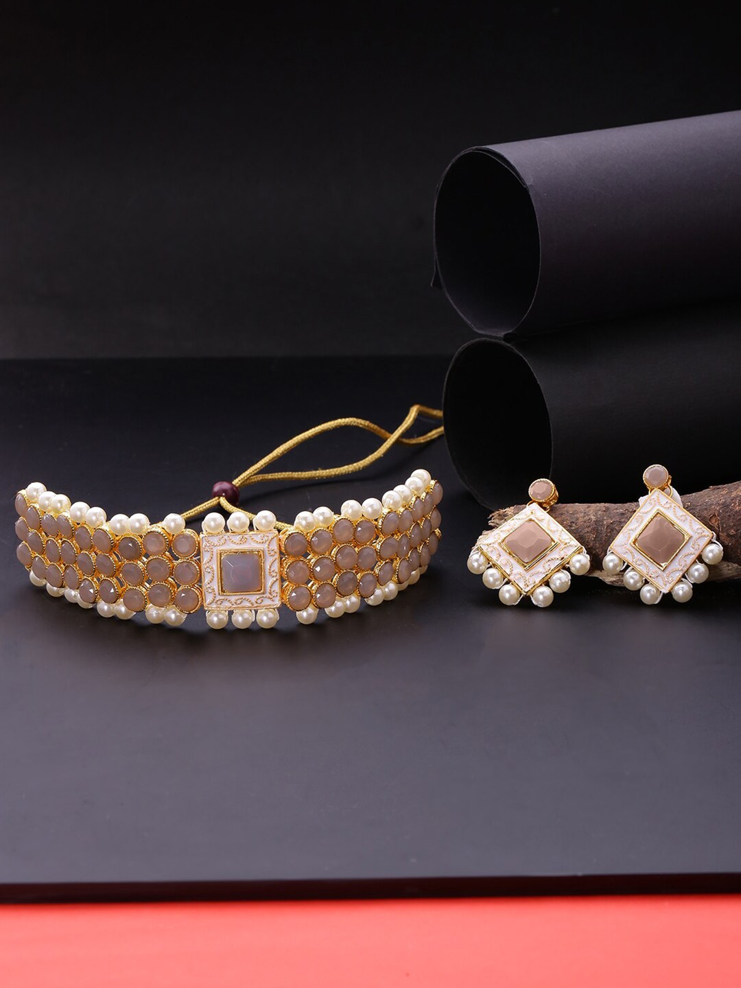 

LIVE EVIL Grey & Gold-Plated Pearls Studded Choker Necklace With Earrings