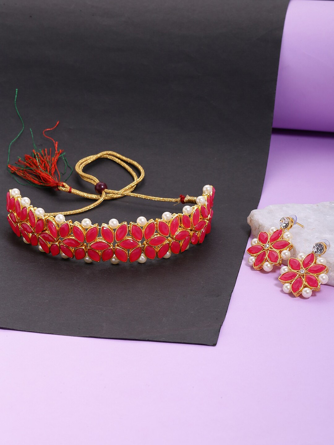

LIVE EVIL Gold-Toned & Pink Beads Stone-Studded Jewellery Set