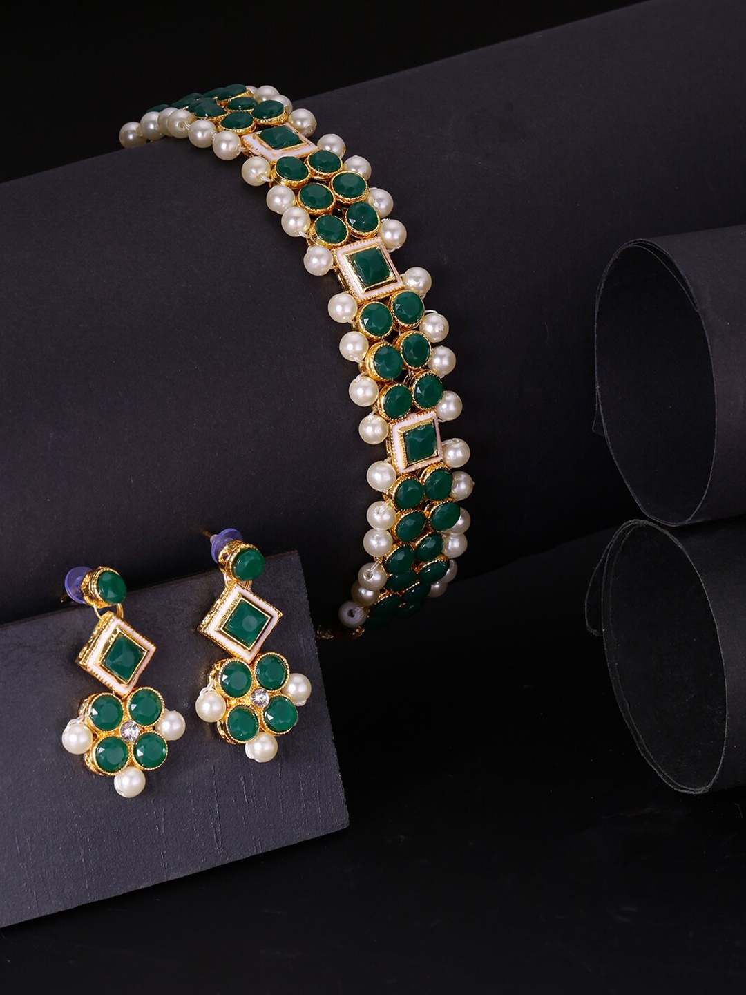 

LIVE EVIL Green & Off-White Gold-Plated Pearls Studded Choker Necklace With Earrings