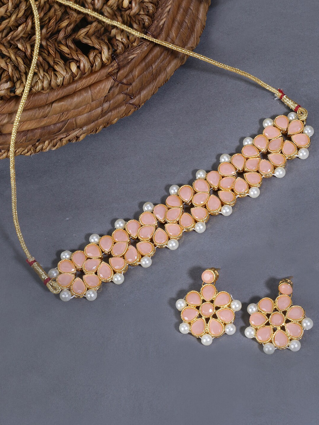 

LIVE EVIL Pink & Off-White Gold-Plated Pearls Beaded Jewellery Set