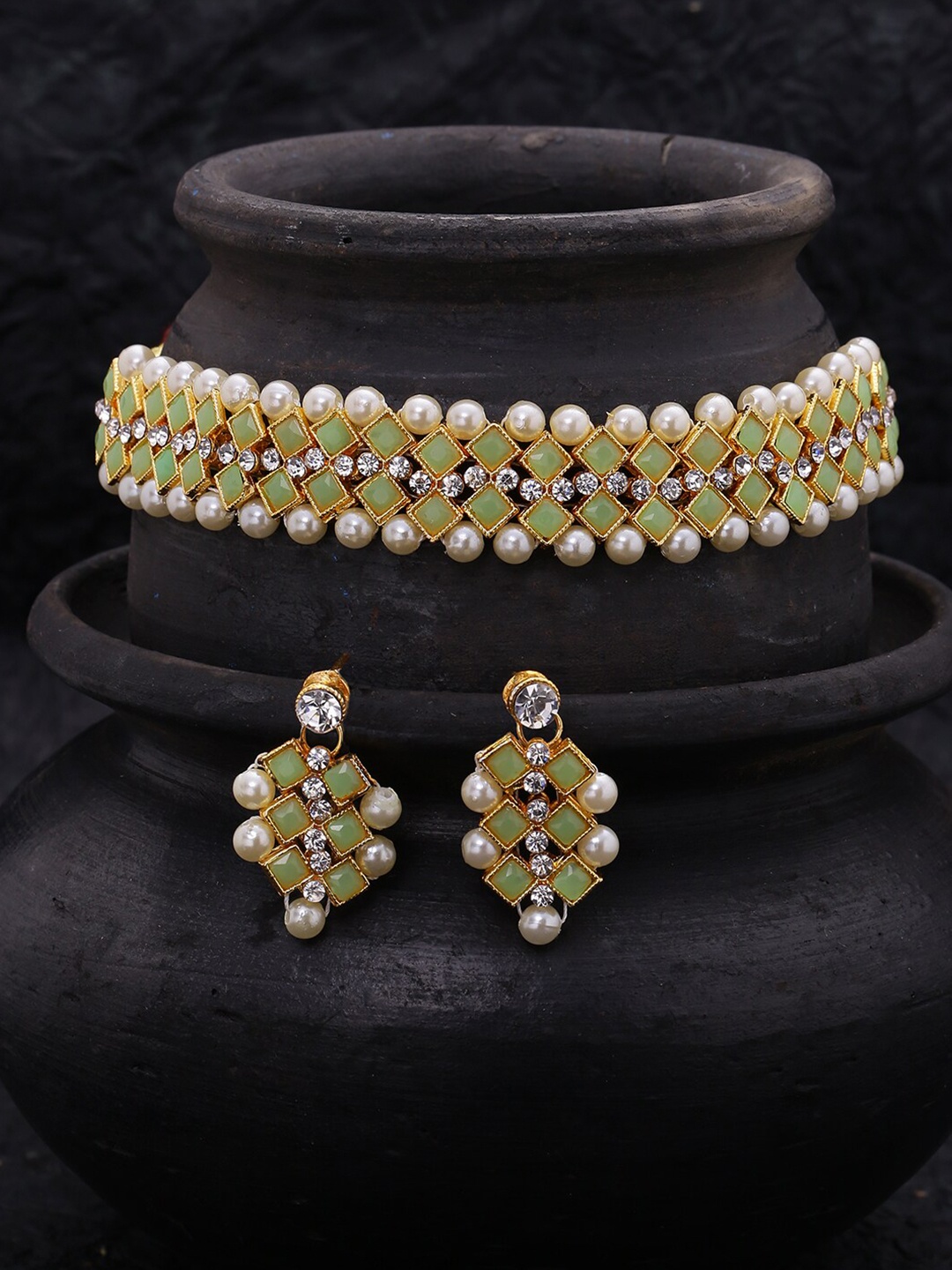 

LIVE EVIL Sea Green & Off White Gold-Plated Jewellery Set