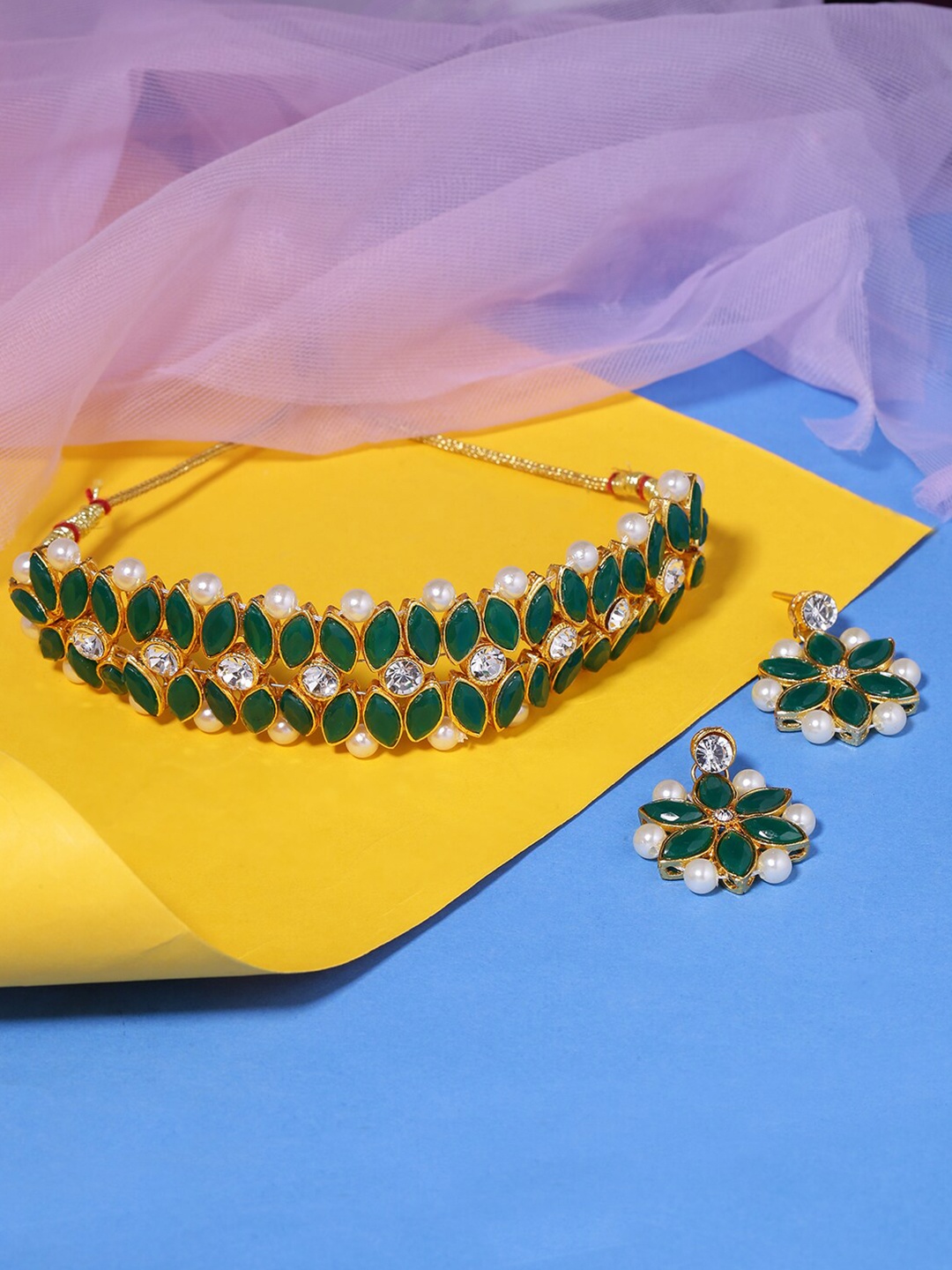 

LIVE EVIL Gold-Plated Green Beaded Jewellery Set
