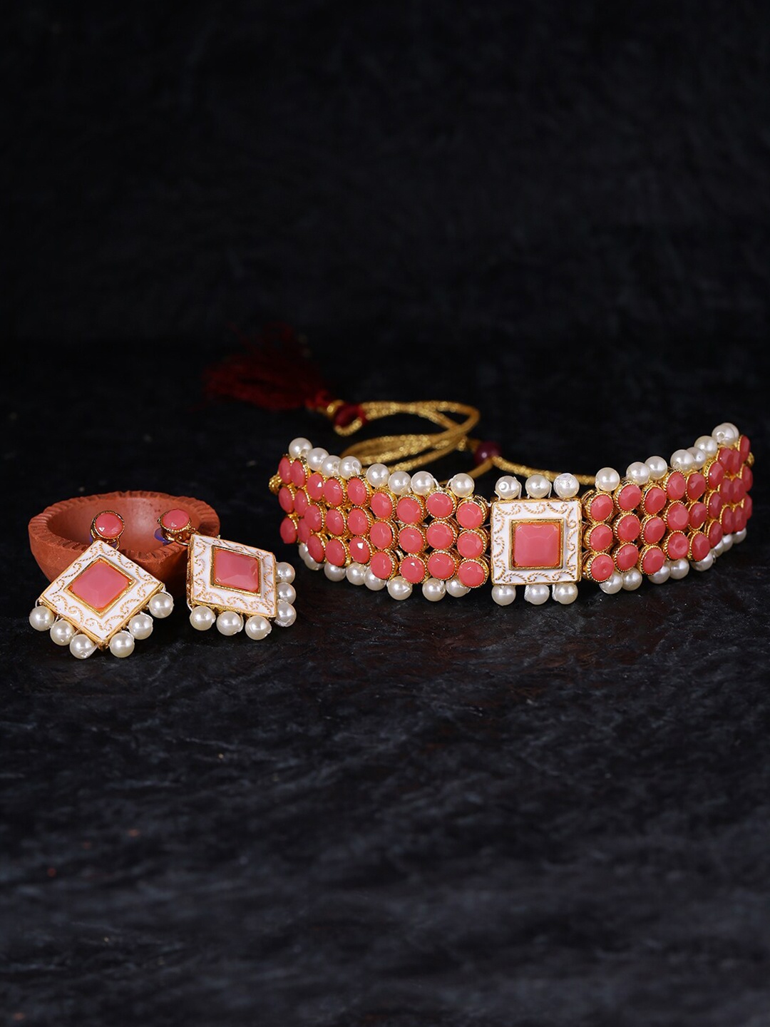 

LIVE EVIL Pink & Gold-Plated Pearls Studded Choker Necklace With Earrings