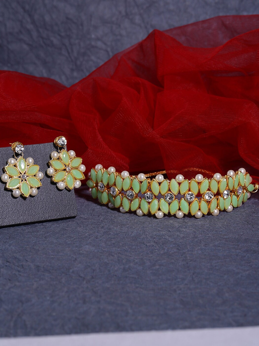

LIVE EVIL Sea Green & Off-White Gold-Plated Pearls Studded Choker Necklace With Earrings