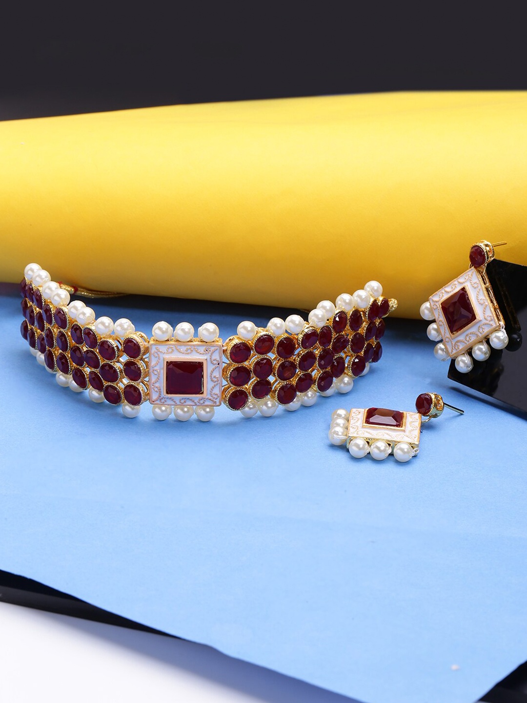 

LIVE EVIL Maroon & Off White Gold-Plated Choker Necklace