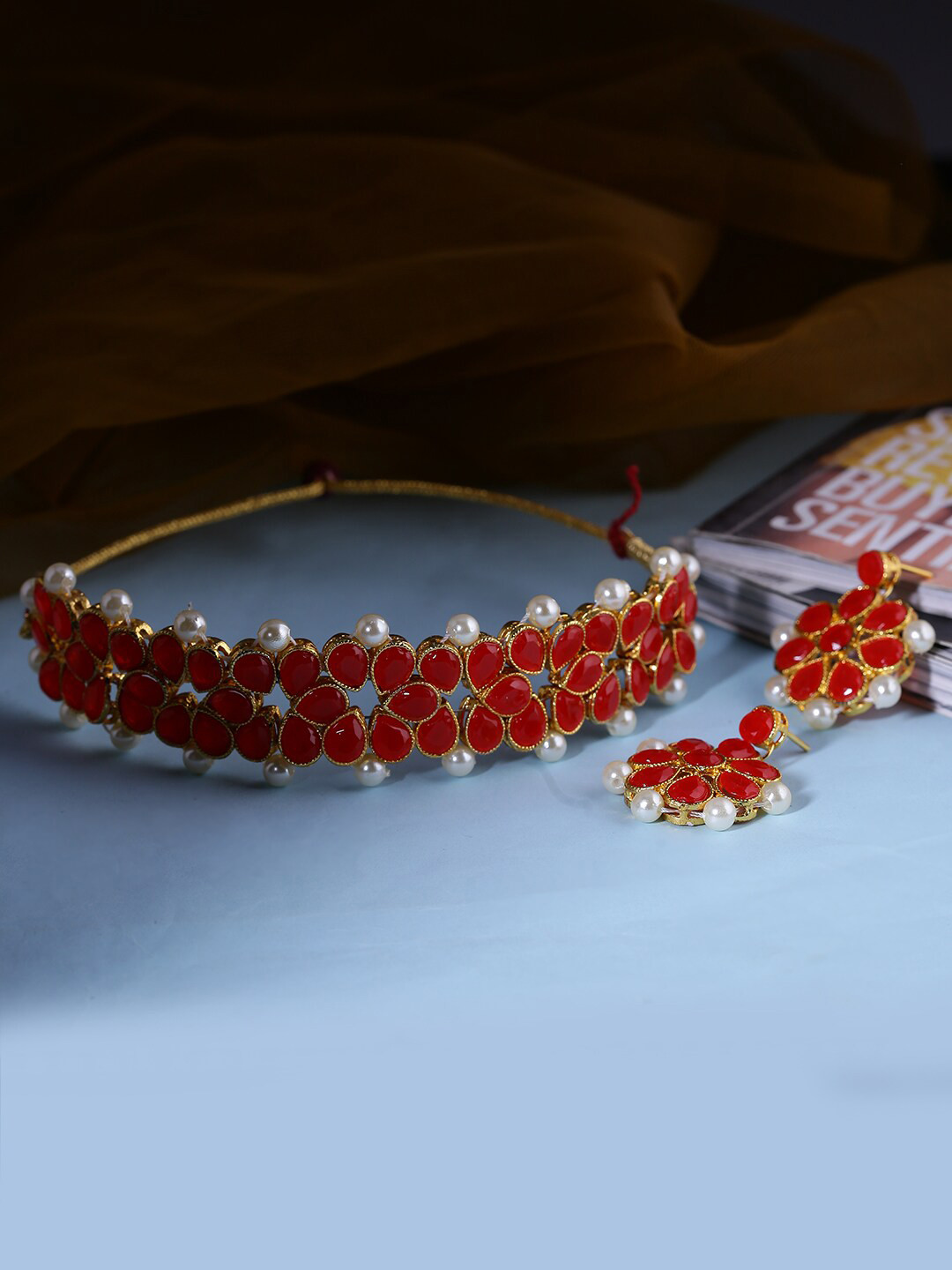 

LIVE EVIL Red & Off White Gold-Plated Choker Necklace