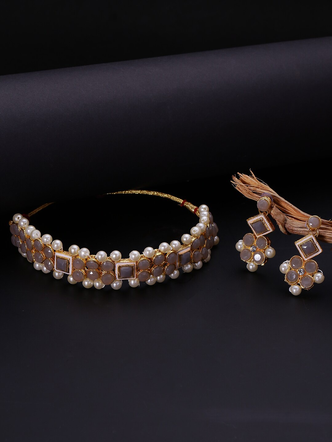 

LIVE EVIL Grey Gold Plated Handcrafted Choker Necklace With Earrrings
