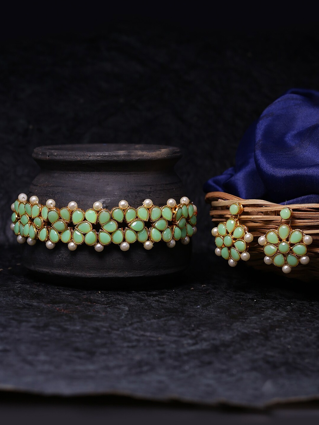 

LIVE EVIL Sea Green & Gold-Plated Pearls Studded Choker Necklace With Earrings