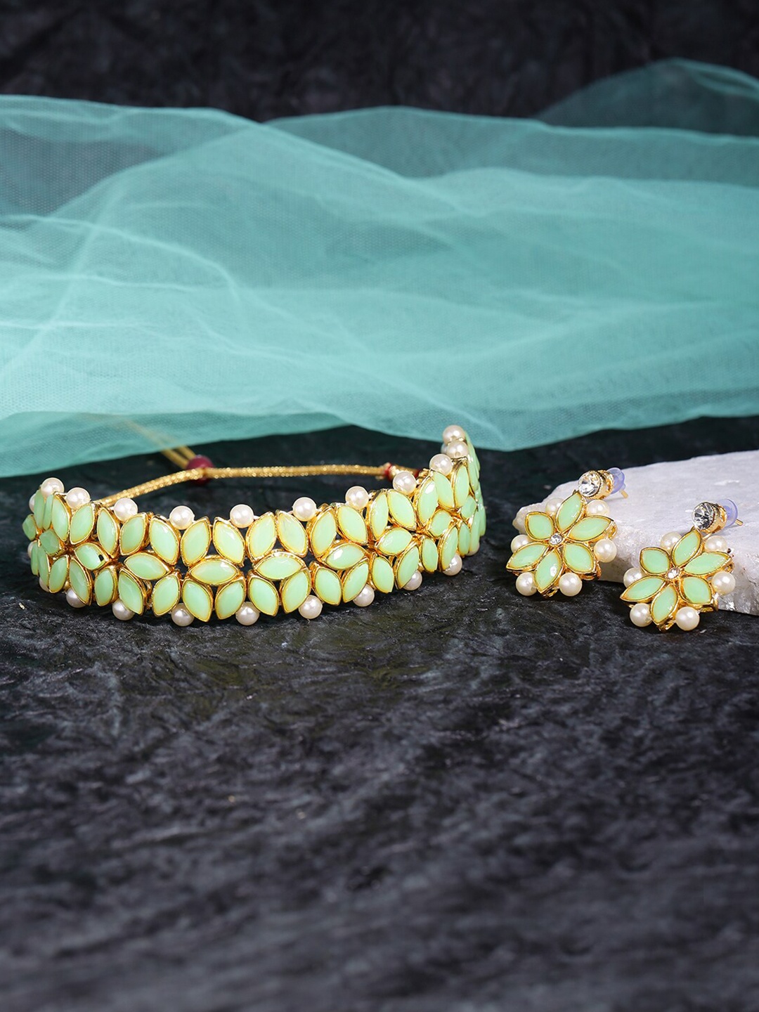 

LIVE EVIL Gold-Toned & Green Beads Stone-Studded Jewellery Set, Sea green