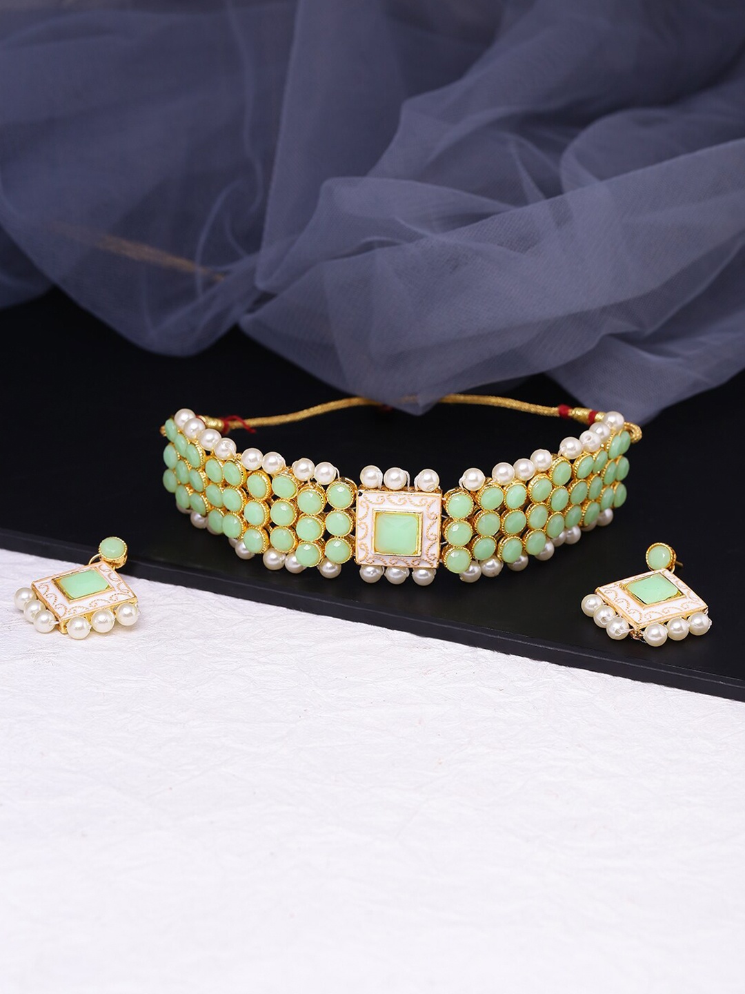 

LIVE EVIL Sea Green & Off-White Gold-Plated Pearls Beaded Jewellery Set