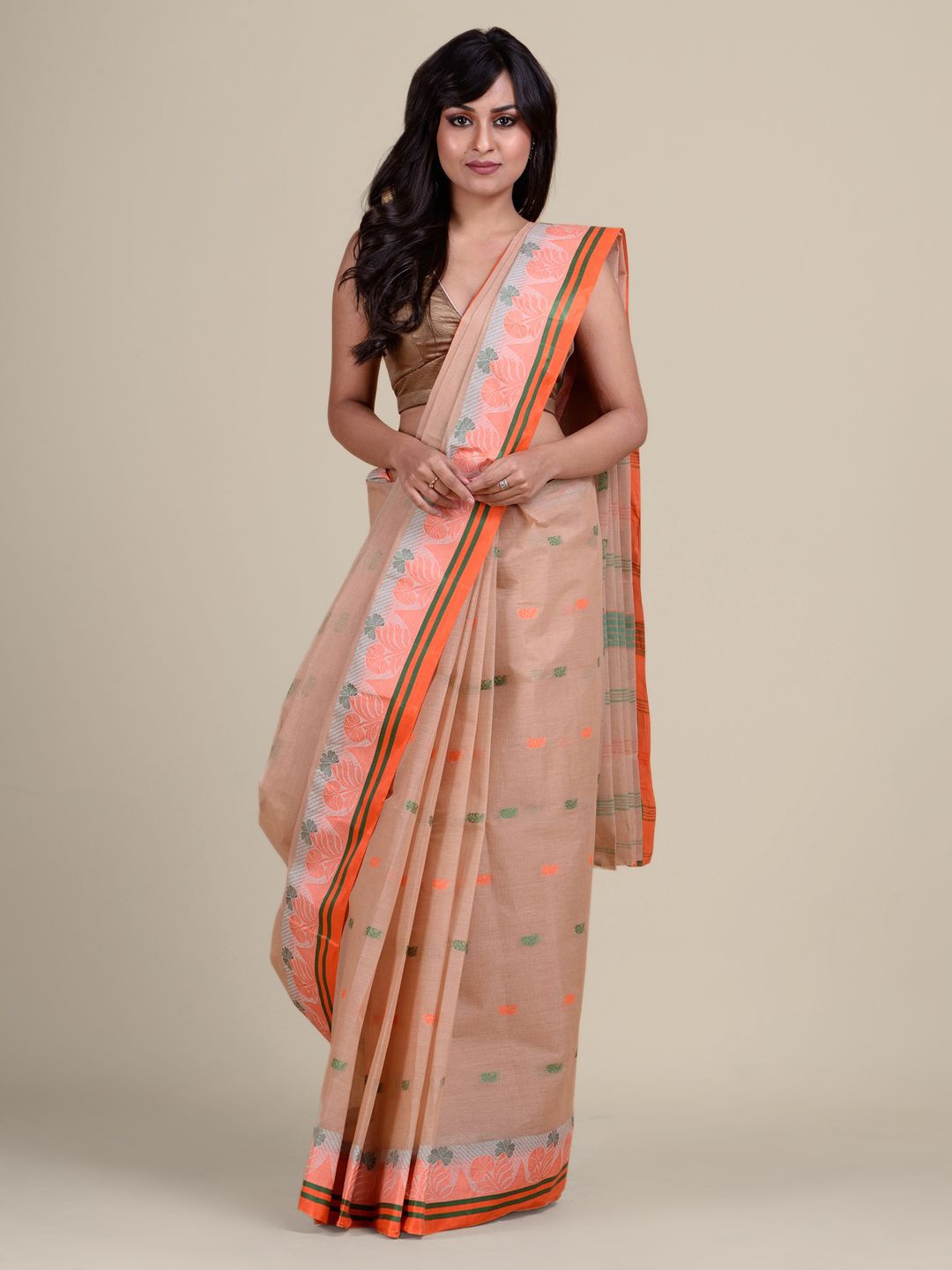 

Charukriti Beige & Orange Pure Cotton Taant Saree