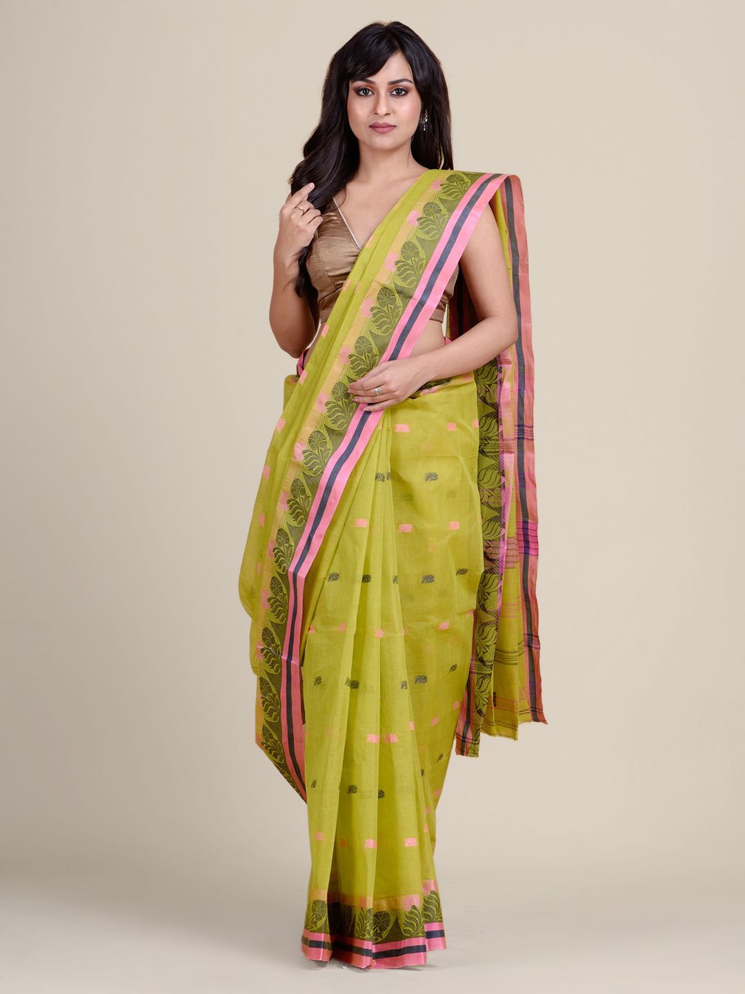 

Charukriti Green & Pink Ethnic Motifs Pure Cotton Taant Saree