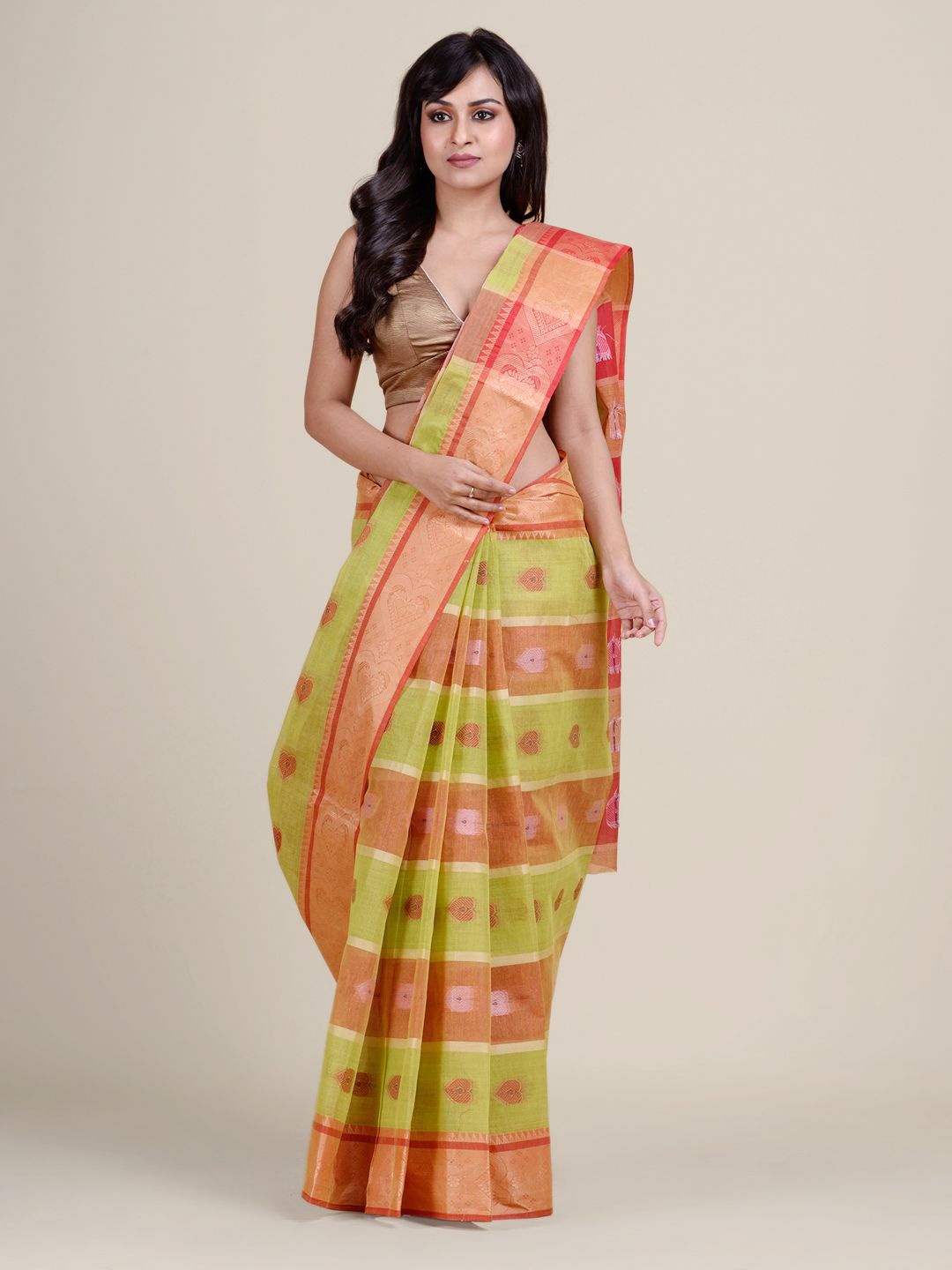 

Charukriti Green & Red Woven Design Pure Cotton Taant Saree