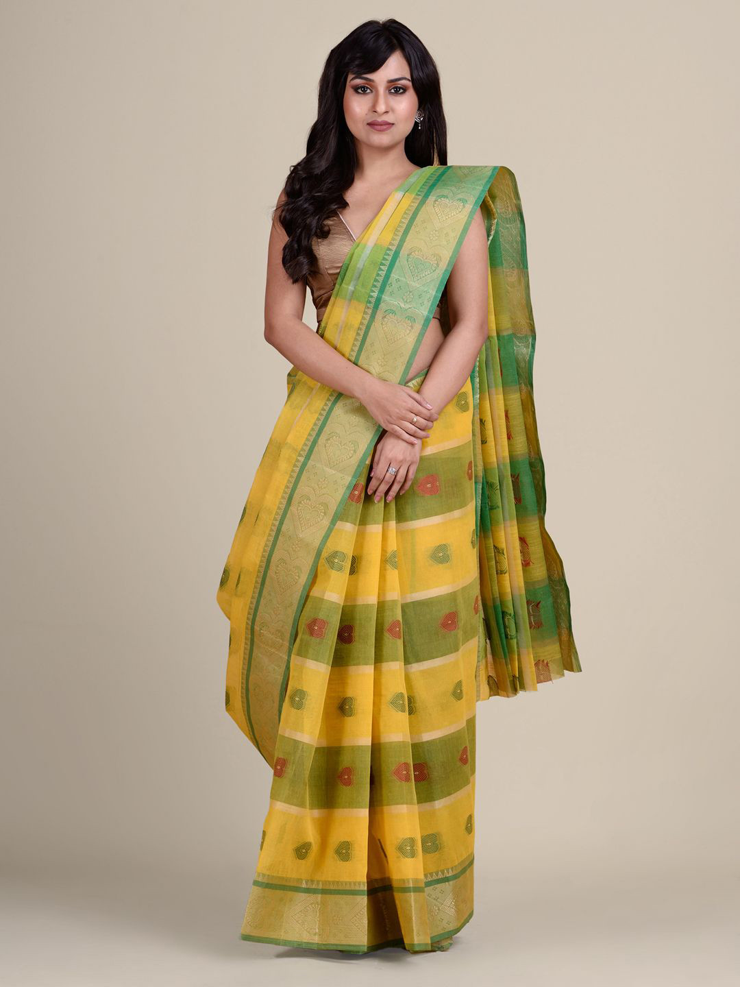 

Charukriti Yellow & Green Woven Design Pure Cotton Taant Saree