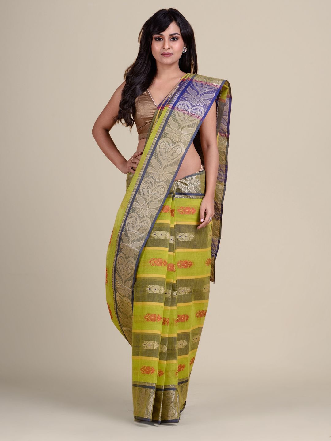 

Charukriti Green & Blue Woven Design Pure Cotton Taant Saree