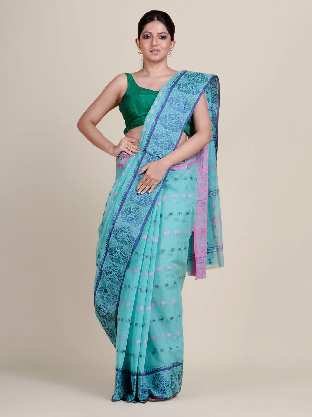 

Charukriti Green & Pink Woven Design Pure Cotton Taant Saree