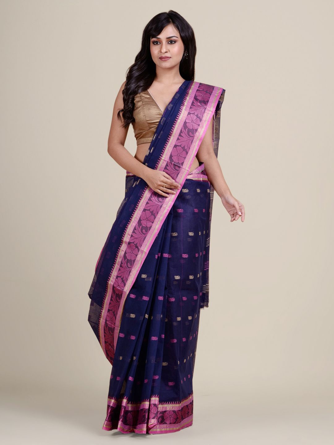 

Charukriti Blue & Pink Floral Pure Cotton Taant Saree