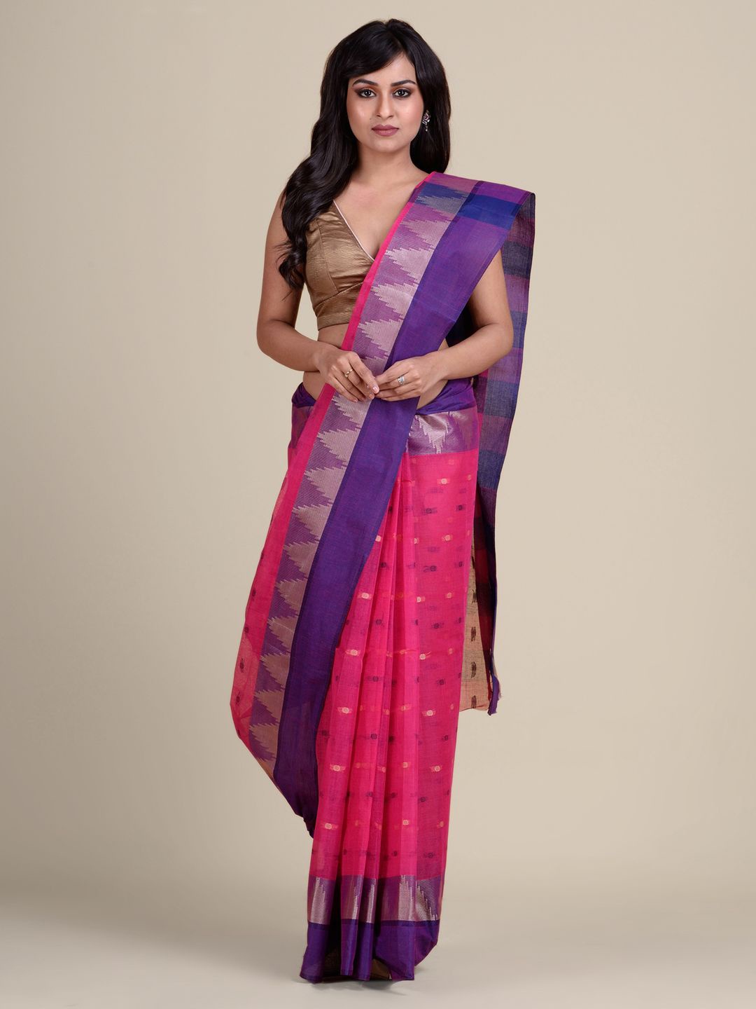 

Charukriti Magenta & Purple Woven Design Zari Pure Cotton Taant Saree