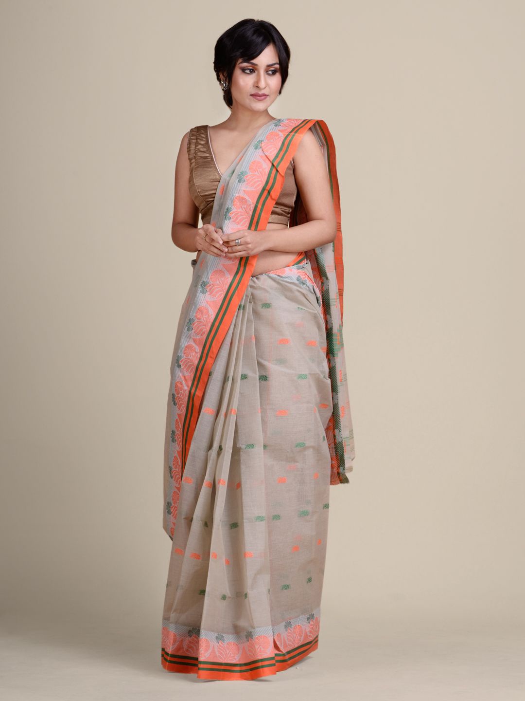 

Charukriti Grey & Orange Woven Design Pure Cotton Taant Saree