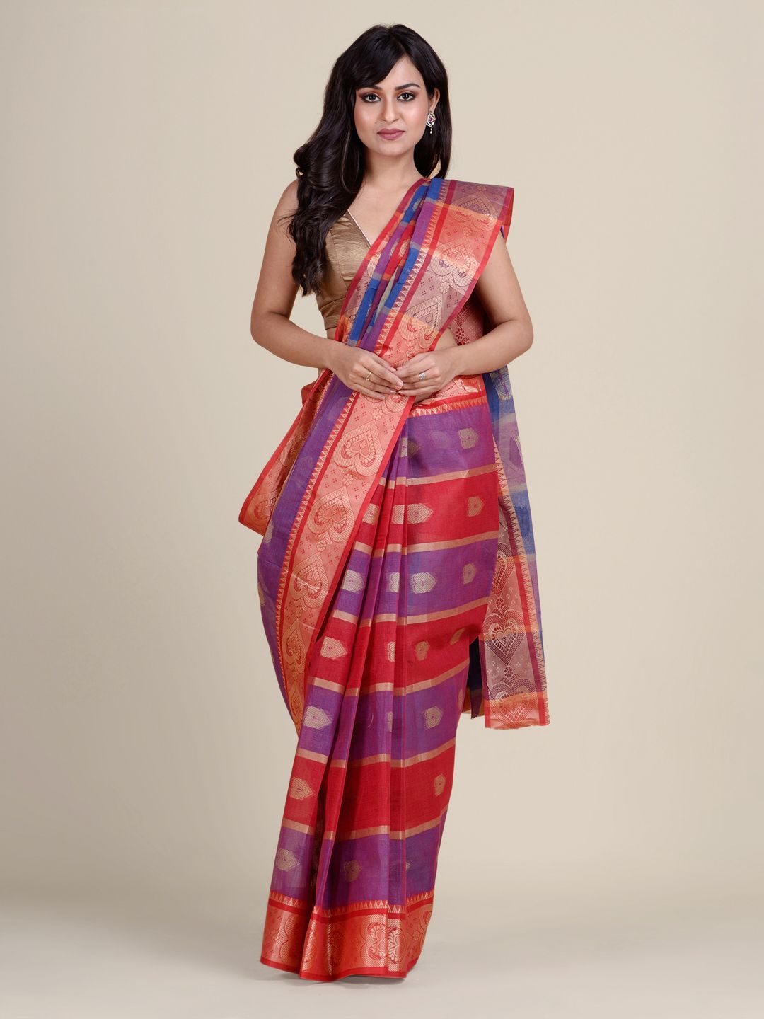 

Charukriti Red & Purple Woven Design Pure Cotton Taant Saree