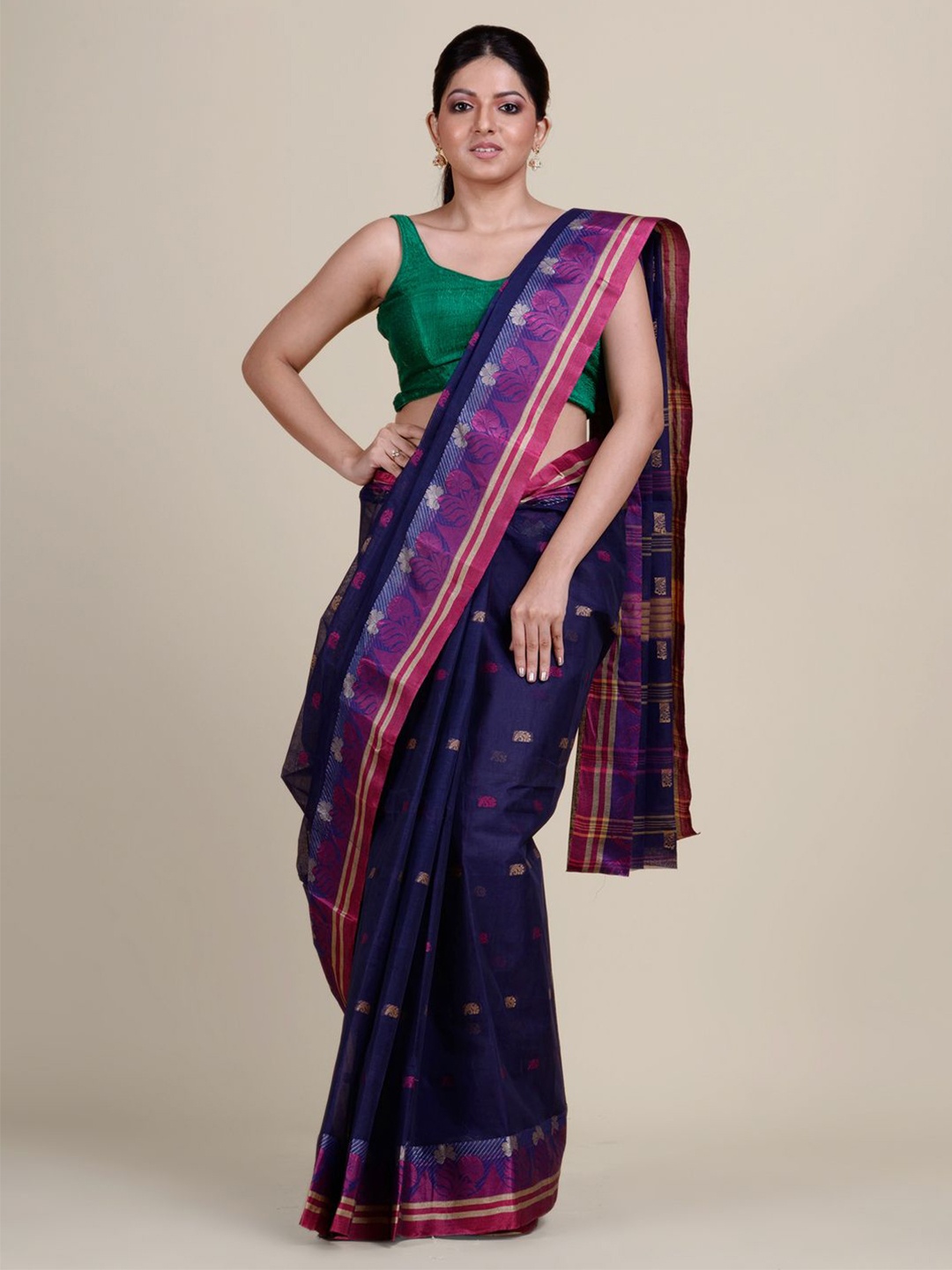 

Charukriti Blue & Pink Floral Pure Cotton Taant Saree