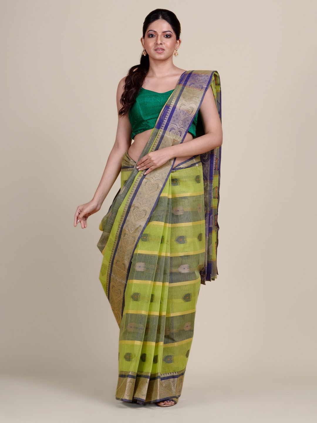 

Charukriti Green & Blue Woven Design Zari Pure Cotton Taant Saree