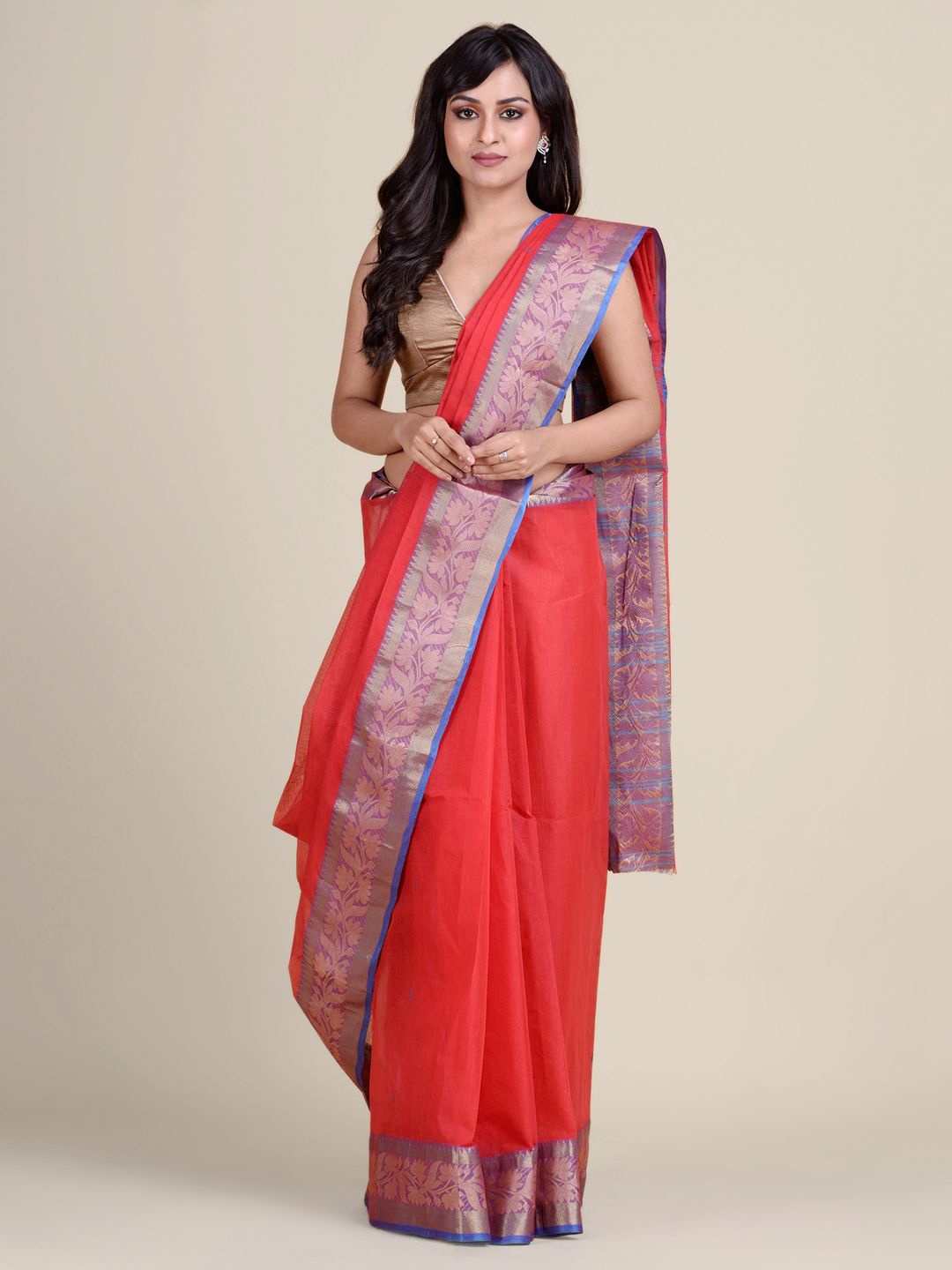 

Charukriti Red & Silver-Coloured Woven Design Zari Pure Cotton Taant Saree