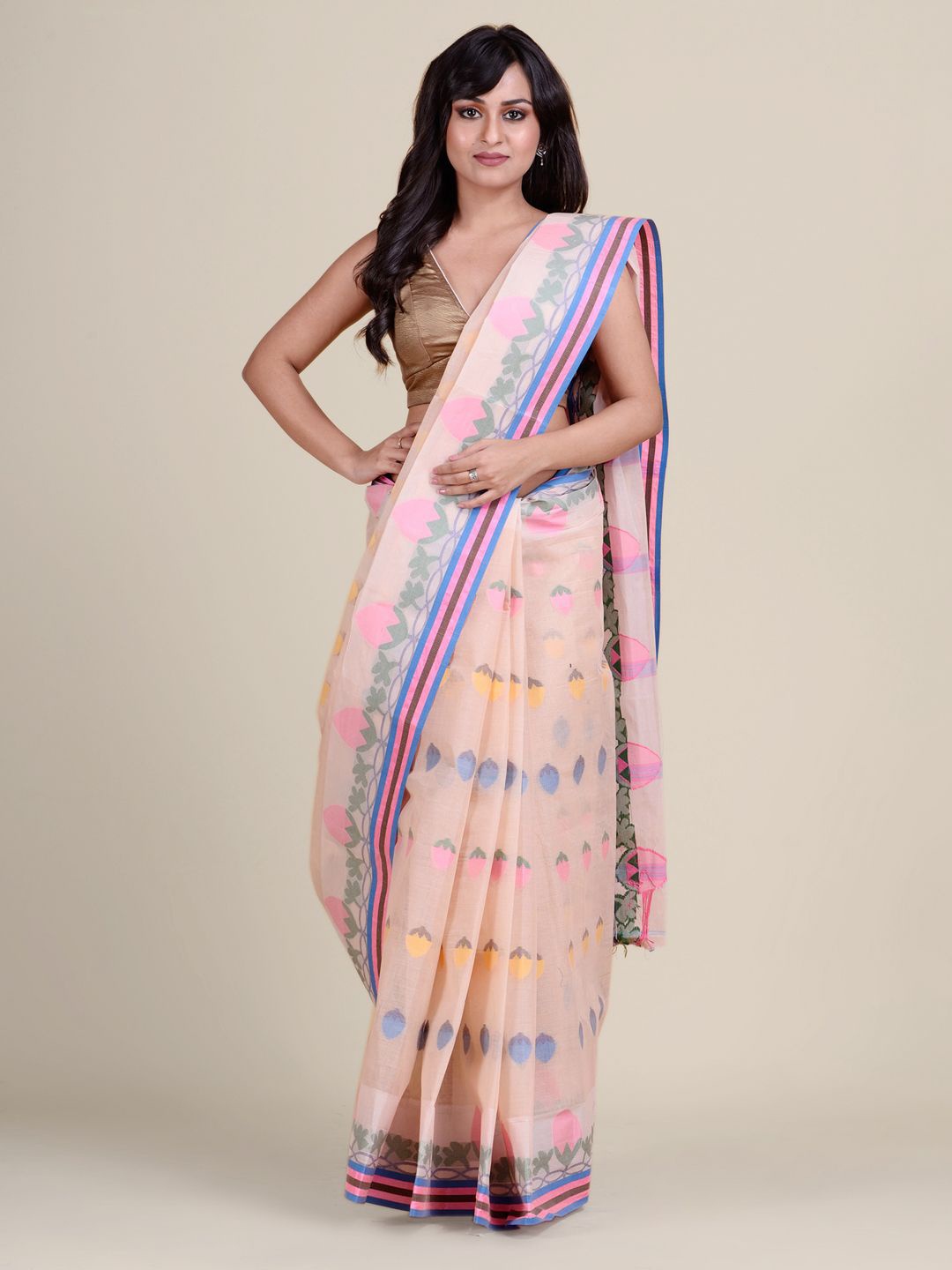 

Charukriti Cream-Coloured & Blue Woven Design Pure Cotton Taant Saree