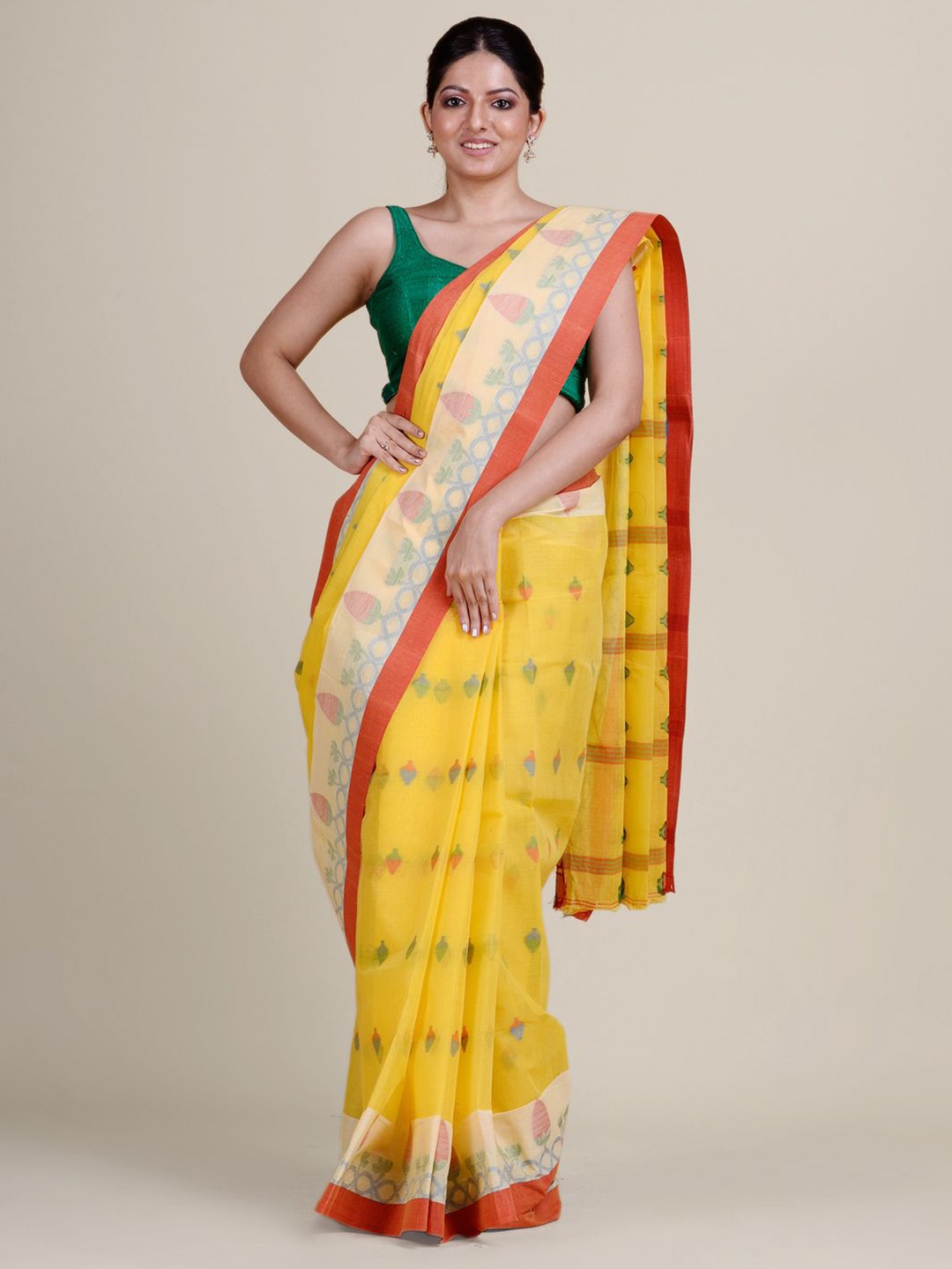 

Charukriti Yellow & Red Woven Design Pure Cotton Taant Saree