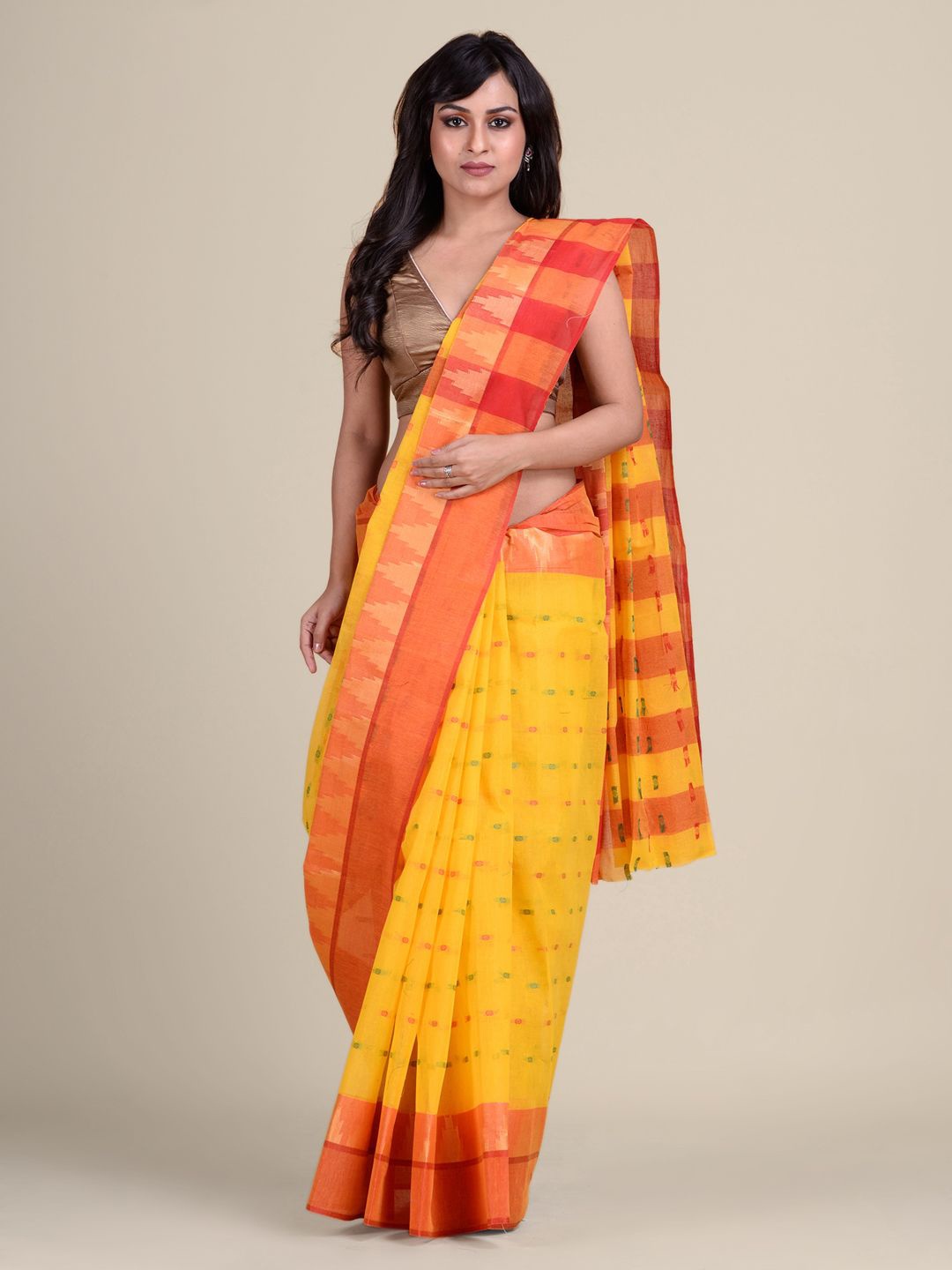 

Charukriti Yellow & Red Floral Pure Cotton Taant Saree